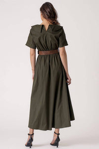 Urban Daizy Exaggerated Collar Spring Shirt Belted Midi Dress in olive - women's dress - detail view