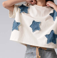 Urban Daizy Star Appliqué Cotton Tee in cream - women's t-shirt - detail view