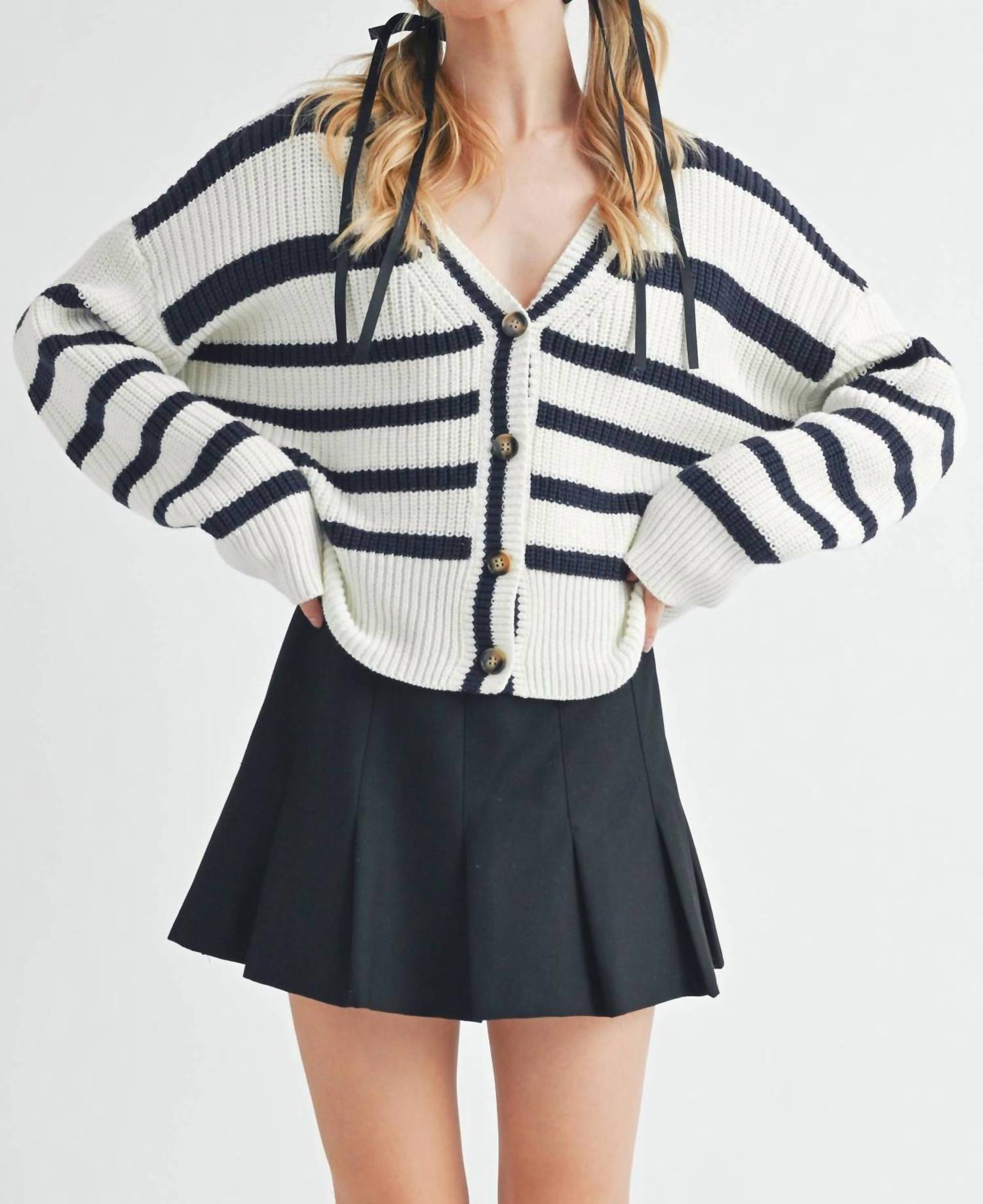 AEMI + CO Bona striped cardigan in navy blue - women's cardigan - alternate view