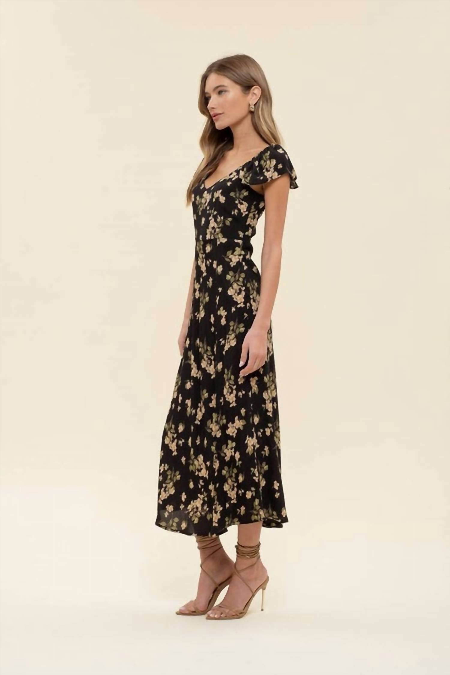 The Workshop - V Neck Ruffle Sleeve Side Slit Midi Dress