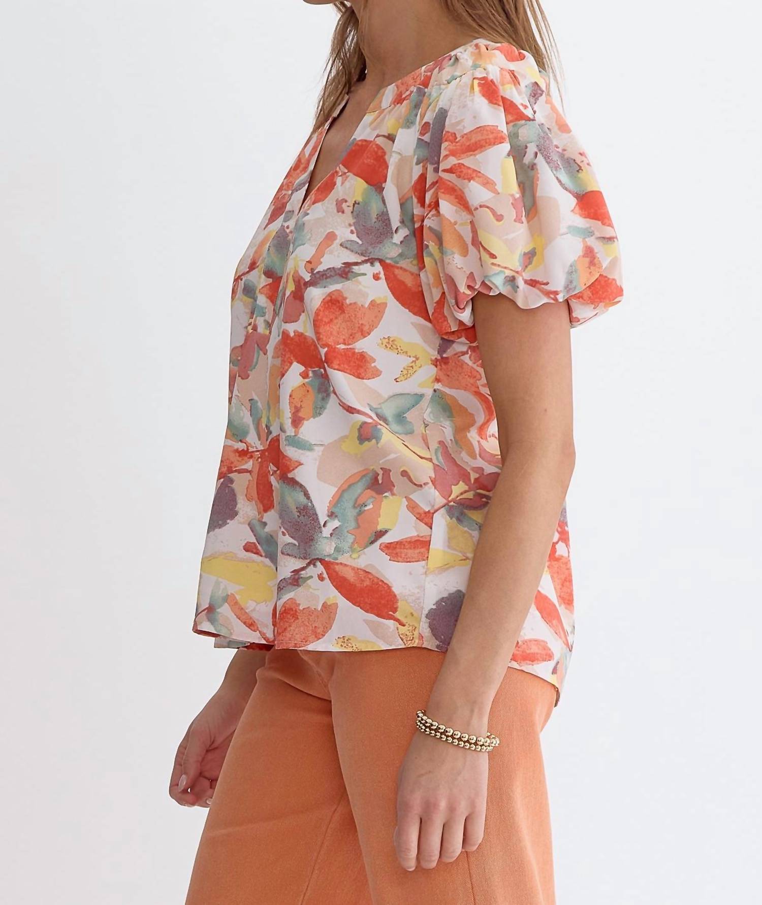 Entro - Floral Print Bubble Sleeve Blouse
