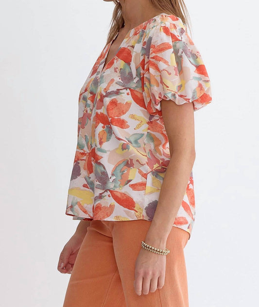 Entro - Floral Print Bubble Sleeve Blouse