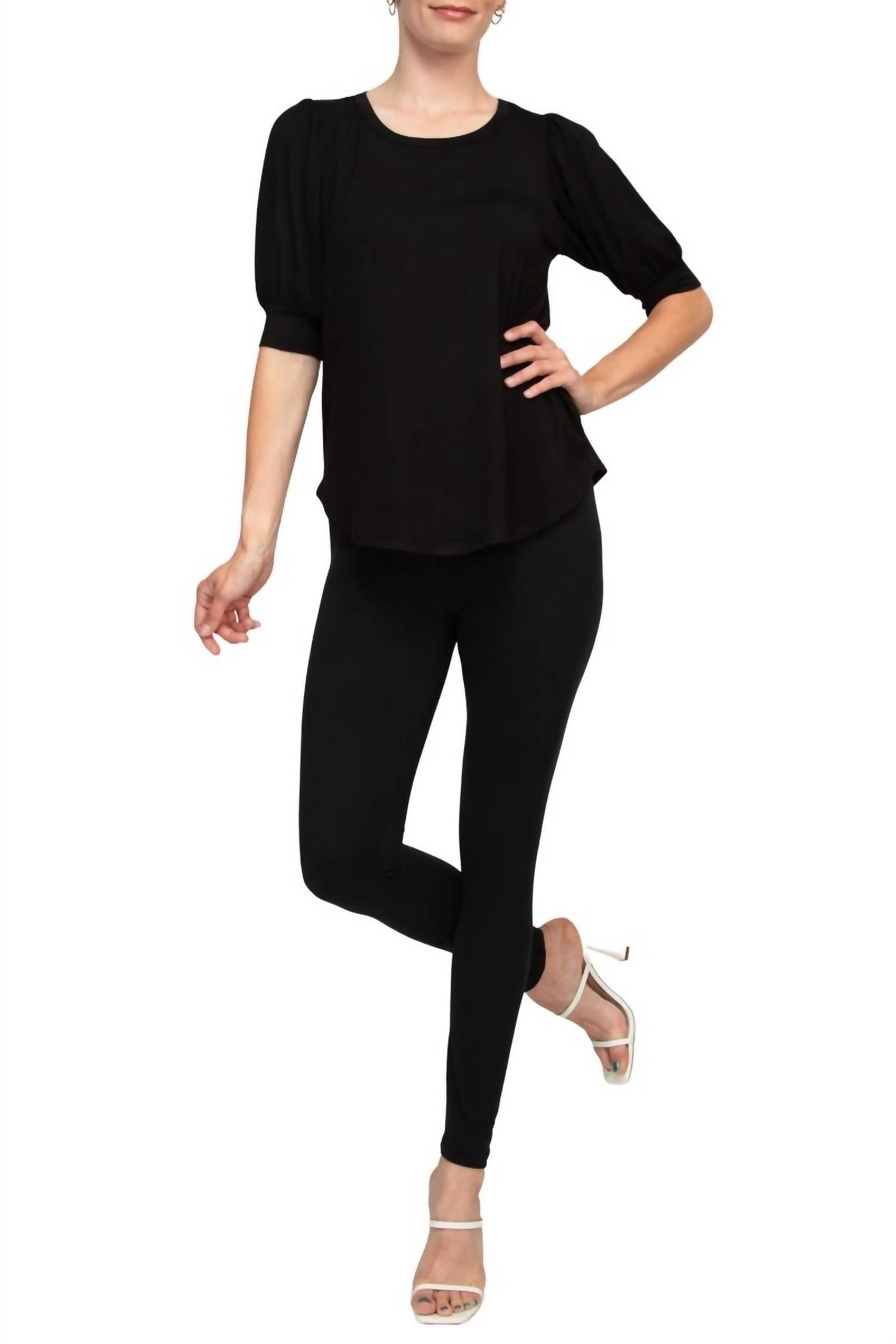 Joan Vass - Short Shirred Sleeve Shirttail Hem Blouse