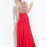 Rachel Allan - High Mesh Neck Jersey Prom Gown With High Slit