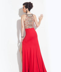 Rachel Allan - High Mesh Neck Jersey Prom Gown With High Slit