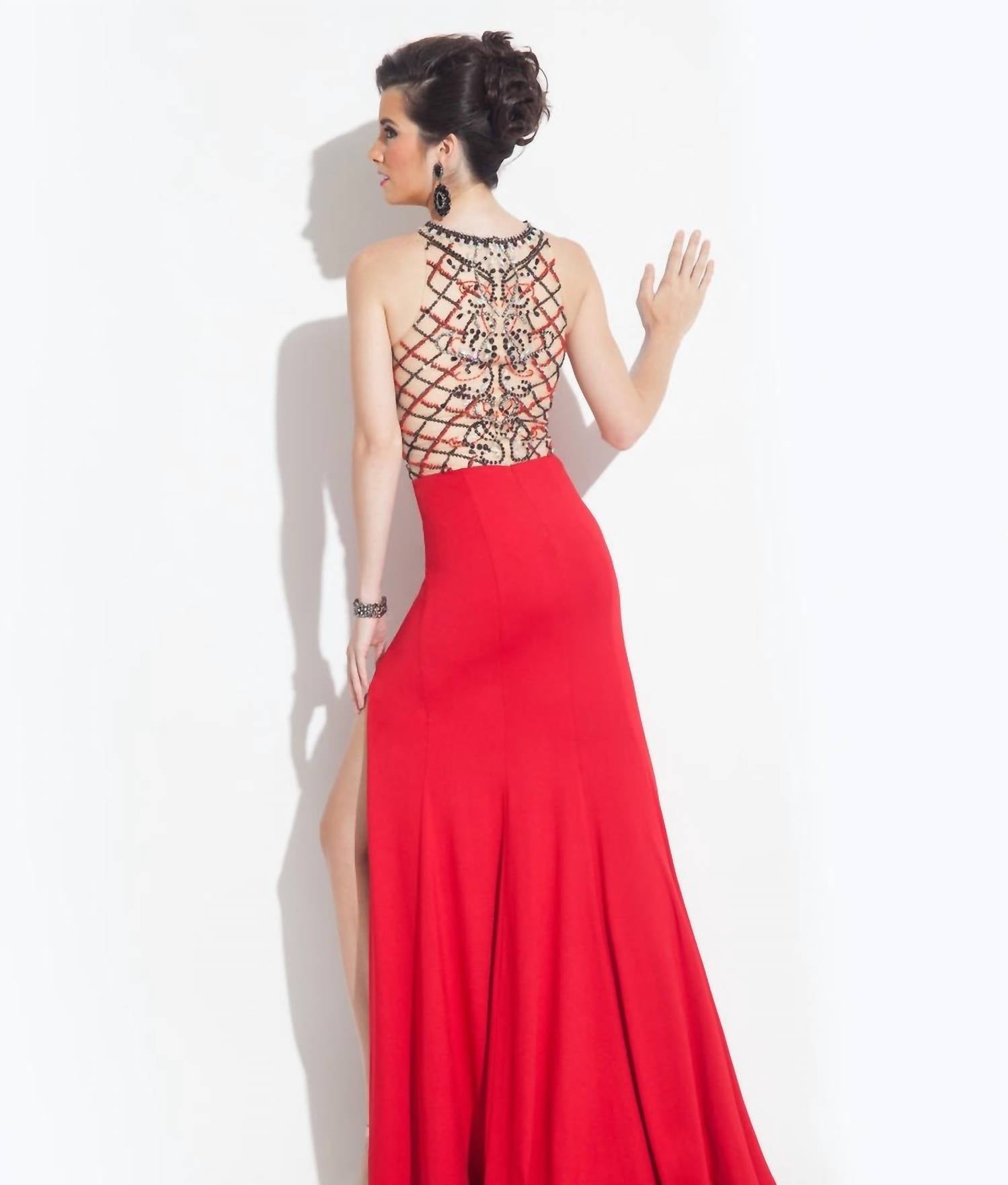 Rachel Allan - High Mesh Neck Jersey Prom Gown With High Slit