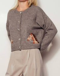 Urban Daizy - Western Horse Graphic Ribbed Trim Crew Neck Cardigan