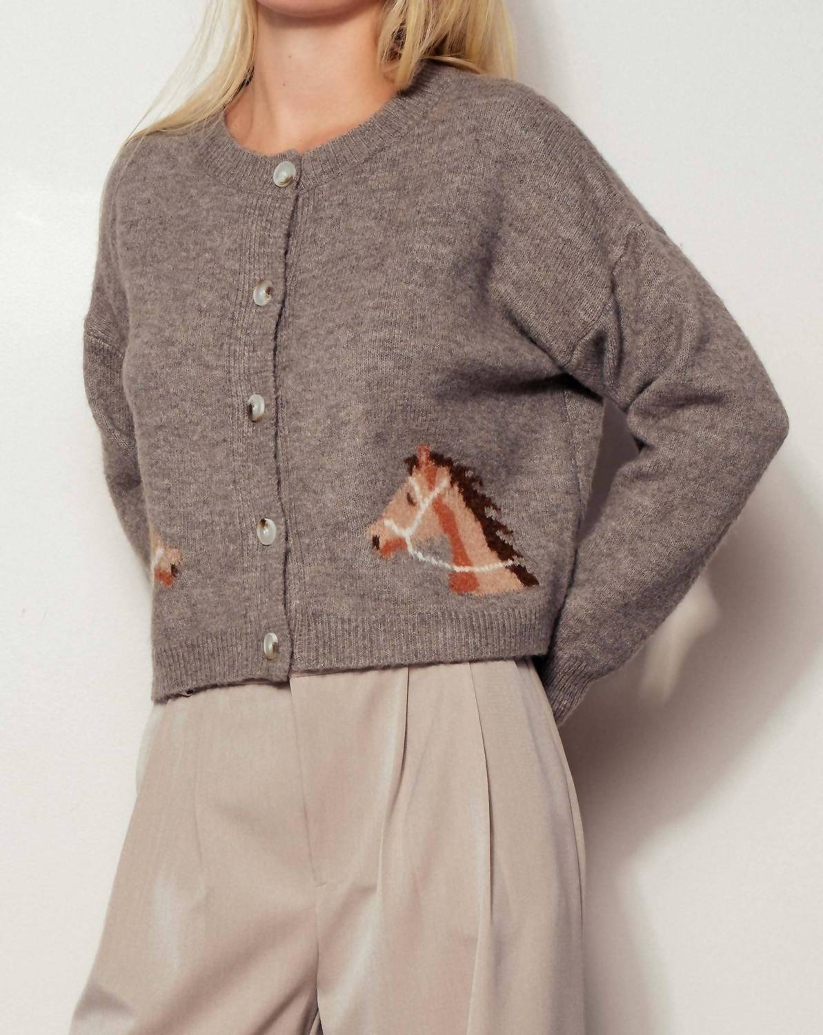 Urban Daizy - Western Horse Graphic Ribbed Trim Crew Neck Cardigan