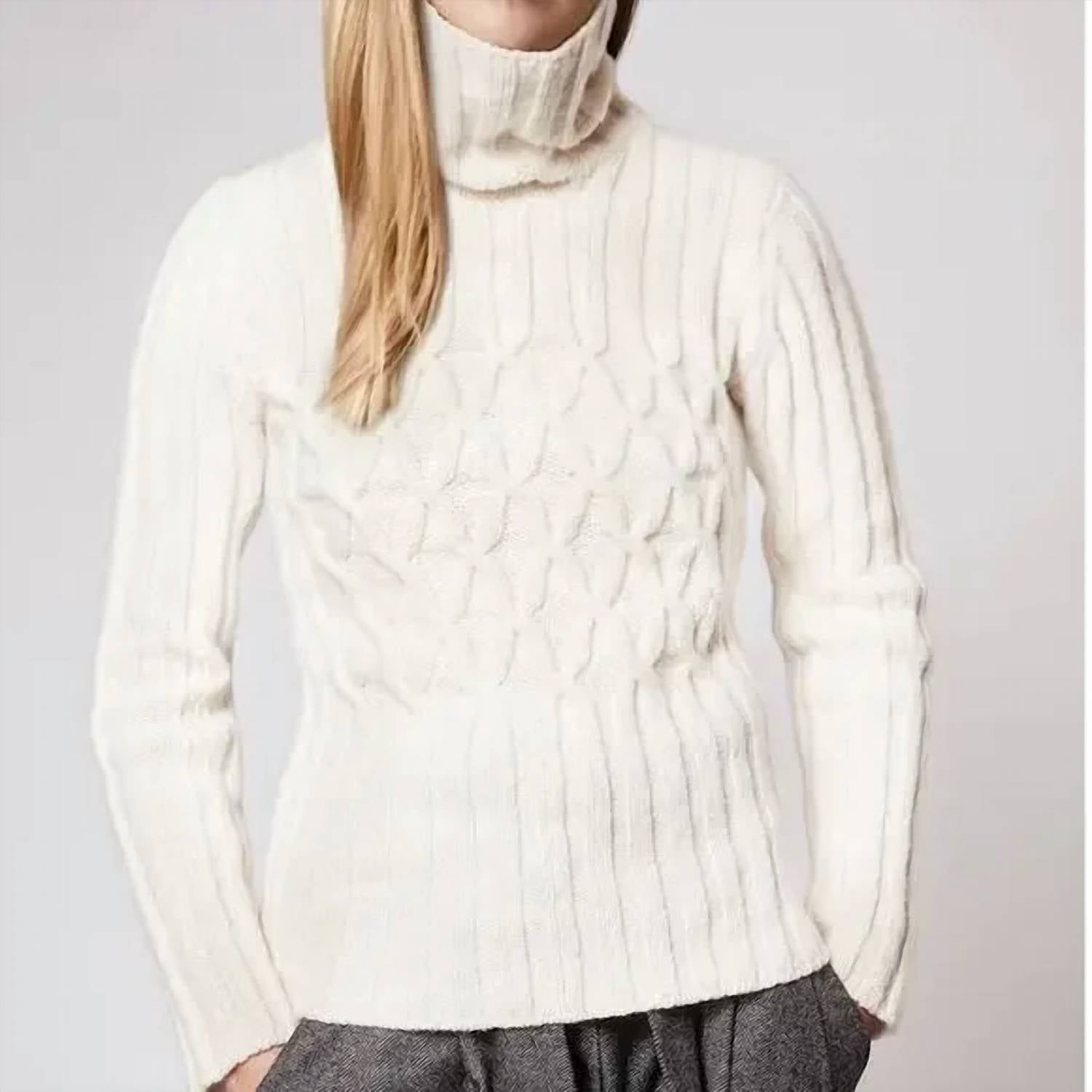Fisherman Out of Ireland Women's Cabled Polo Neck Sweater in ecru - women's sweater