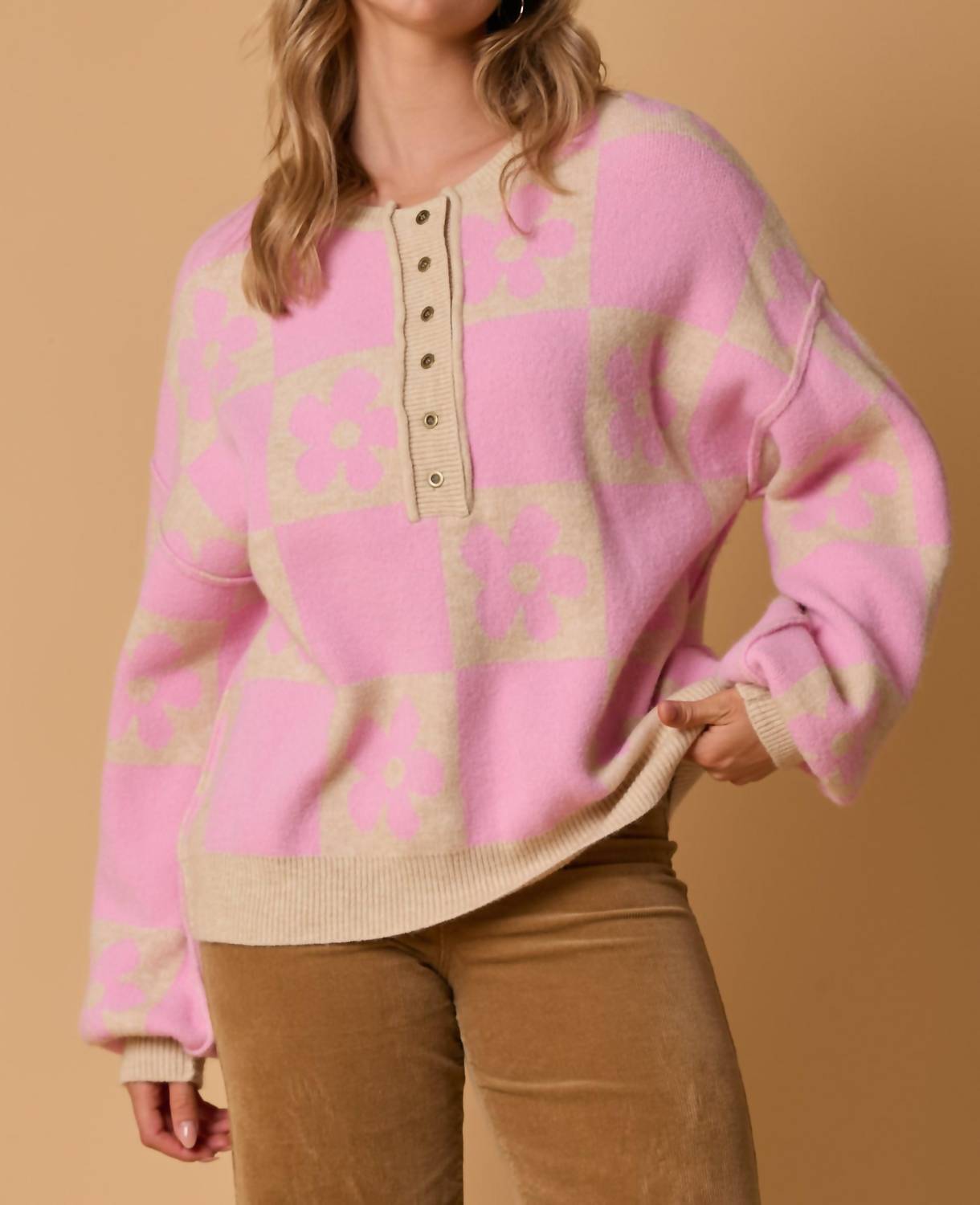 Fantastic Fawn - Flower Long Sleeve Knit Sweater With Front Button