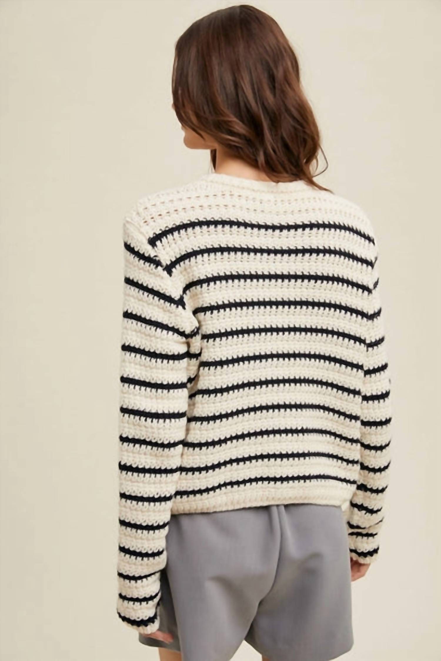 Another Love - Stripped Button Front Crochet Cardigan