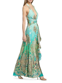 Ramy Brook Stephanie Jacquard Plunging Halter Gown in bright lime ombre - women's dress - detail view