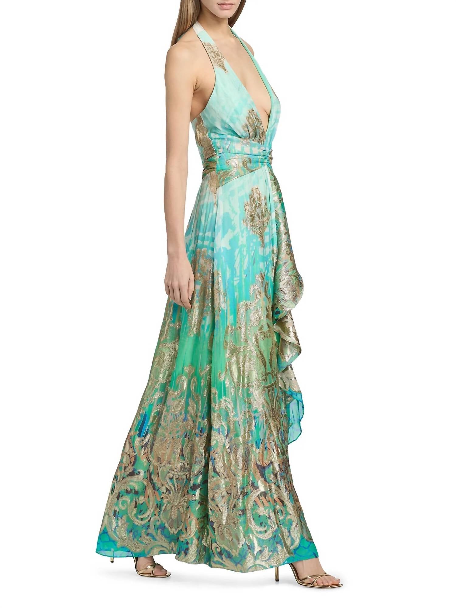 Ramy Brook Stephanie Jacquard Plunging Halter Gown in bright lime ombre - women's dress - detail view