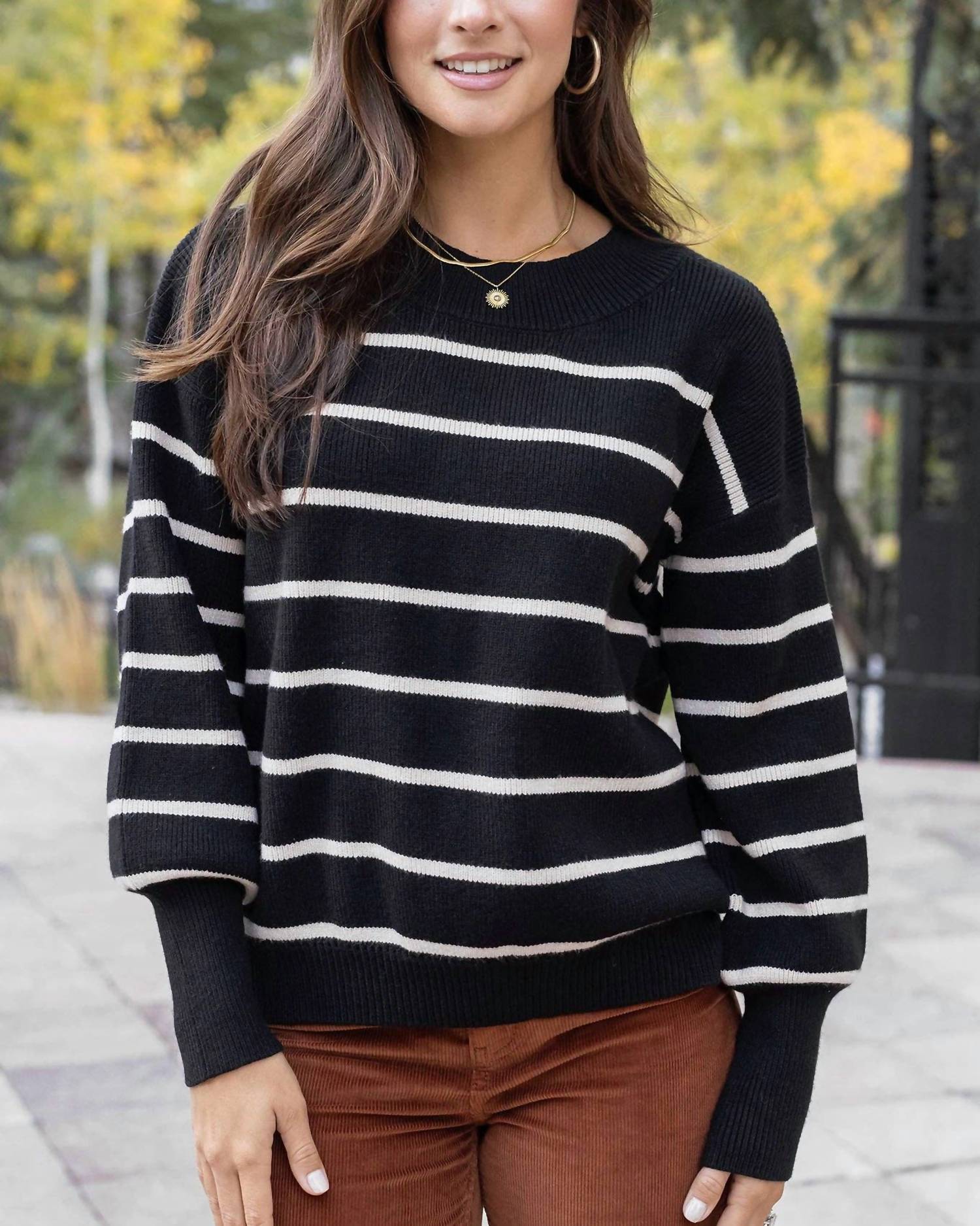 Grace and Lace Crew Neck Striped Sweater in black stripe - women's sweater - alternate view