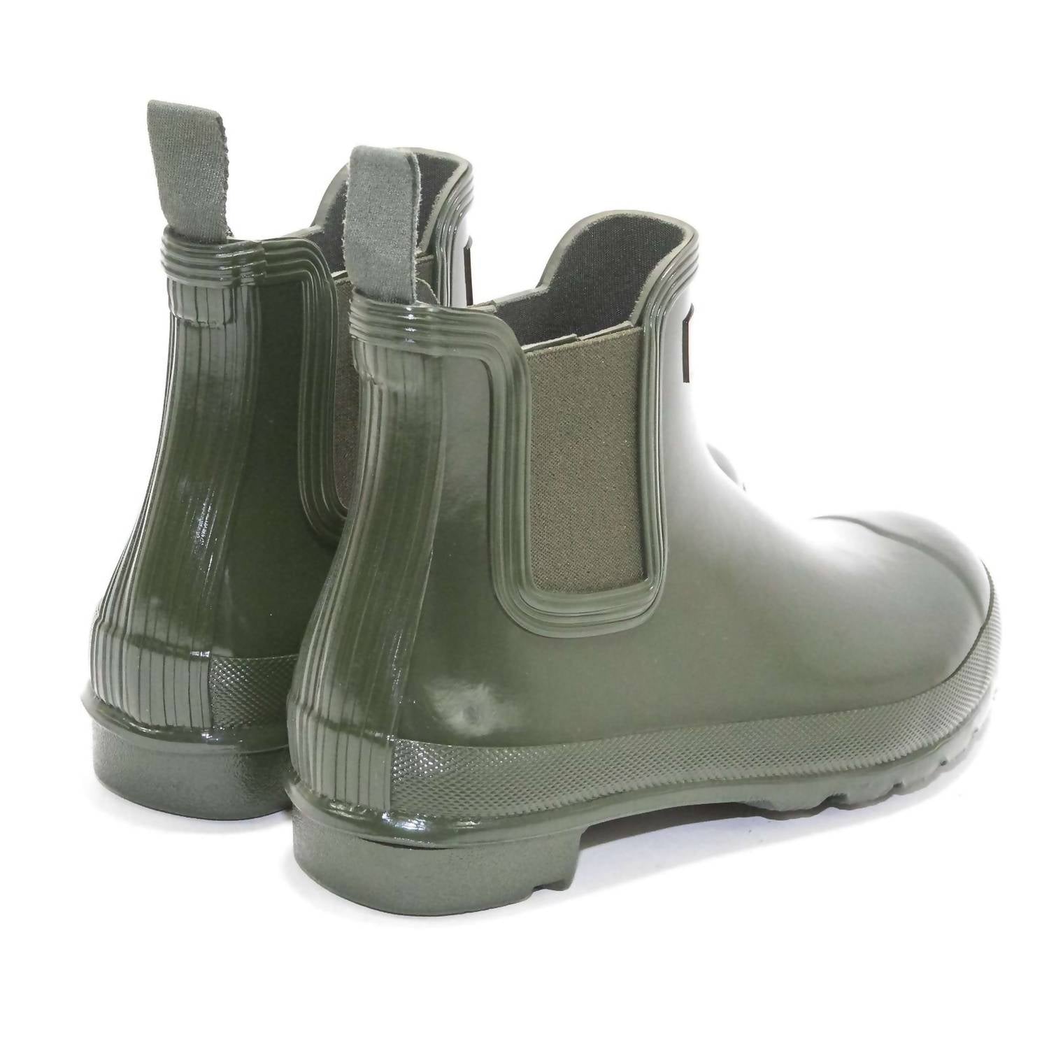 HUNTER Women's Chelsea Gloss Rain Boots in dark olive - women's shoe - detail view