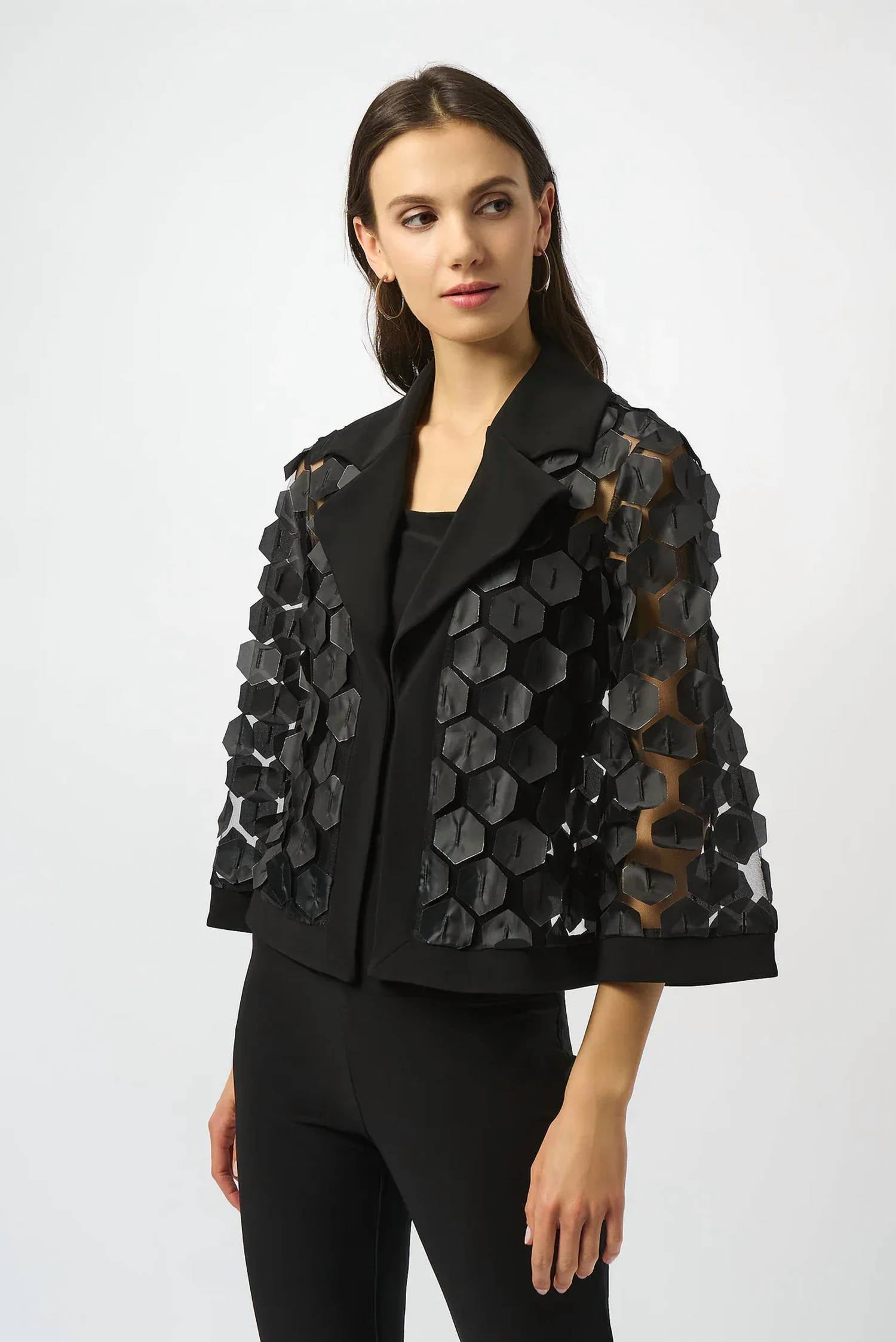 Joseph Ribkoff - Collared Embroidered Mesh Trapeze Jacket
