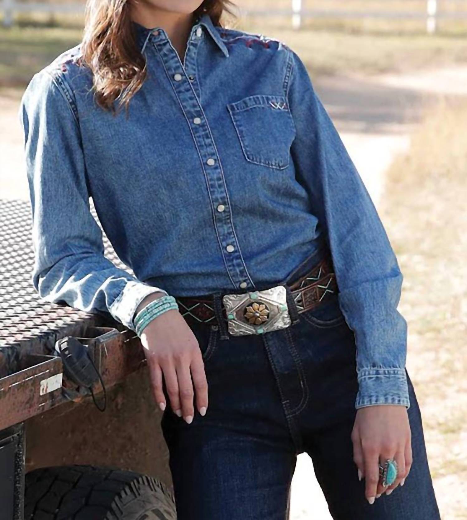 Cruel Girl - Women's Denim Snap Long Sleeve Western Shirt