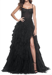 La Femme Tulle ruffle ball gown in black - women's dress