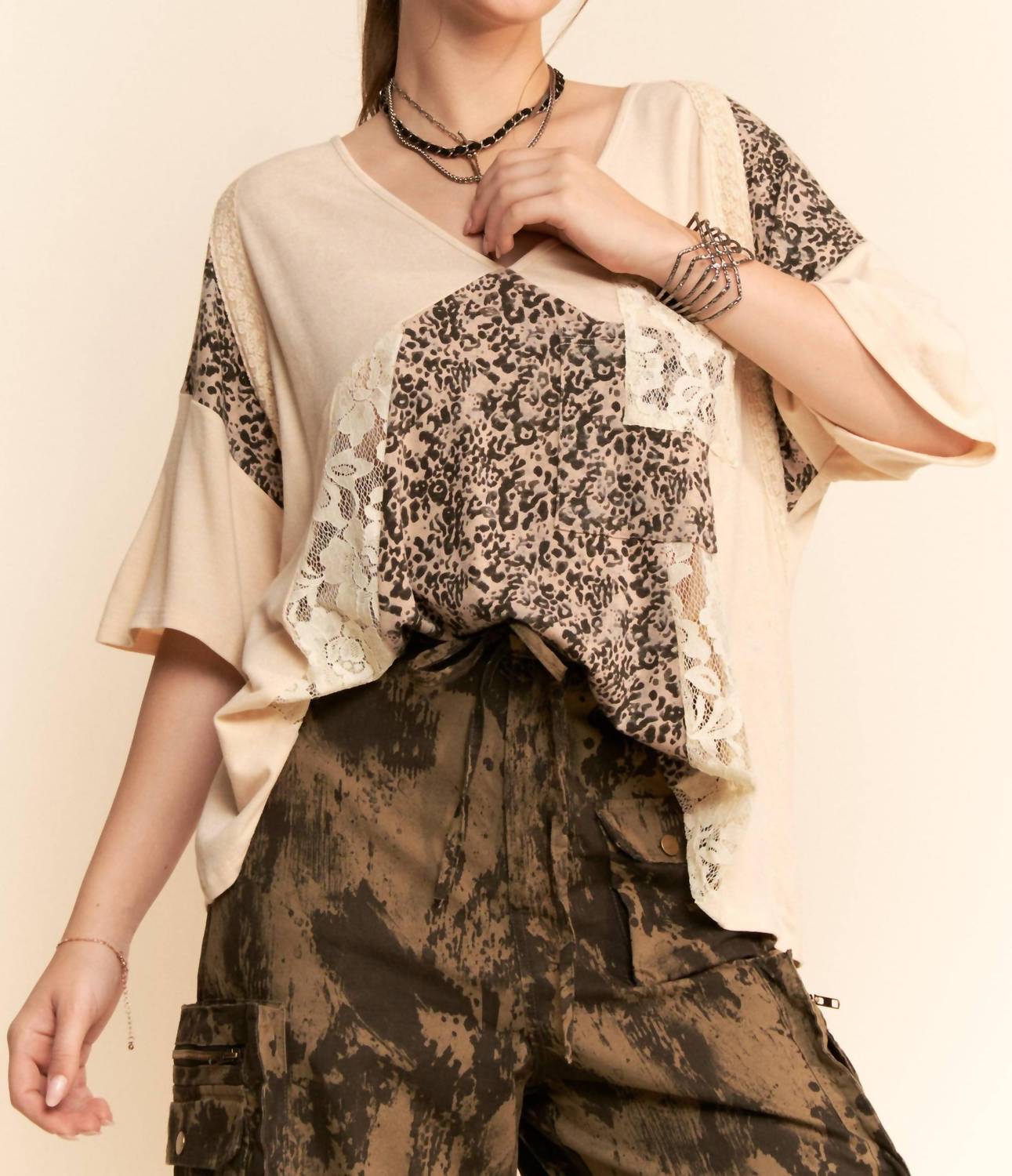 Davi & Dani - Leopard & Lace Patchwork Top