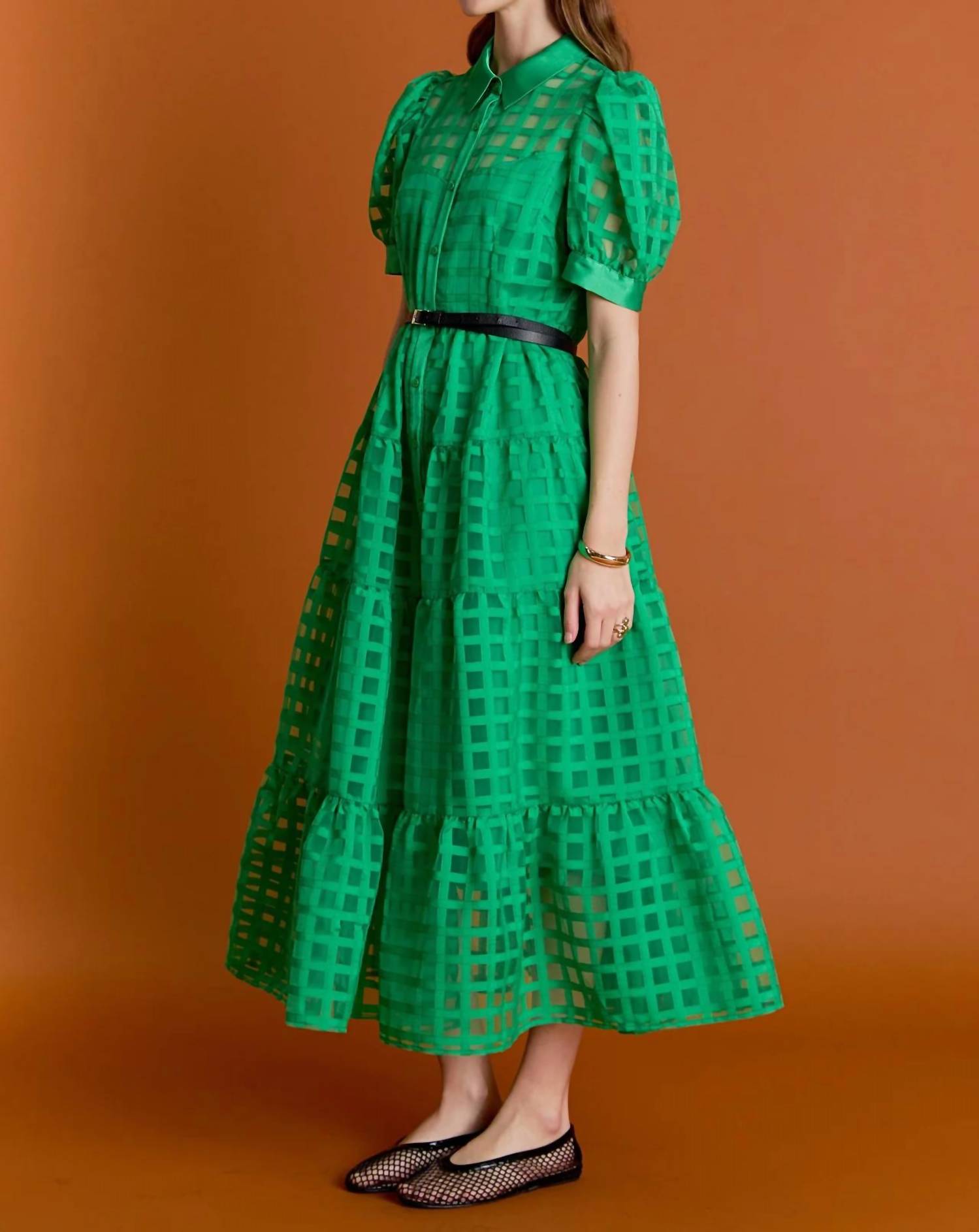 English Factory - Gridded Organza Tiered Button-up Maxi Dress