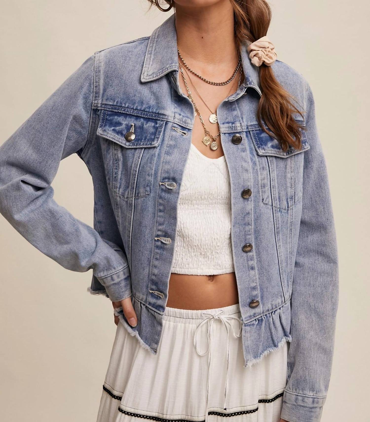 Listicle - Ruffled Hem Denim Jacket