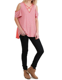 Umgee - Cold Shoulder Striped Top