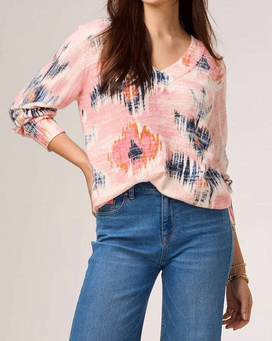 Nic + Zoe - ABSTRACT FLORAL WAFFLE STITCH V-NECK SWEATER