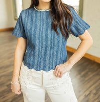 Rivir - CECELIA DENIM JEWELED COLLAR SCALLOPED EDGE TOP