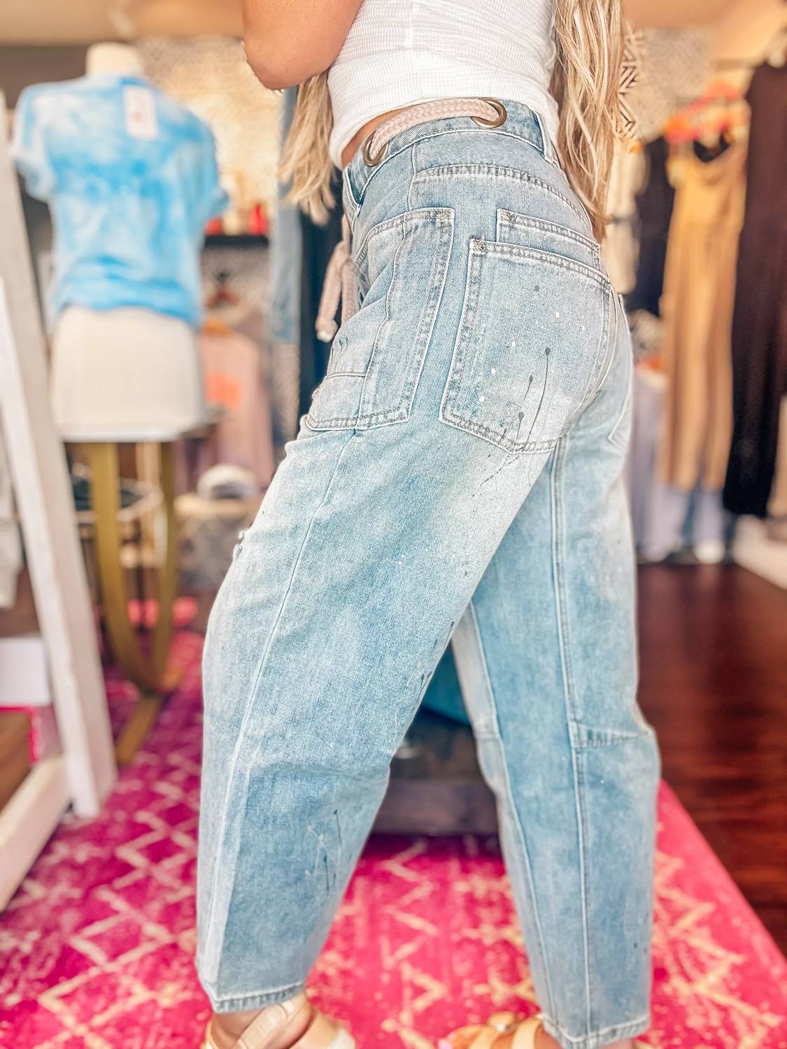 Bibi - Paint Splatter Button Fly Denim Pants With Braided Belt Detail