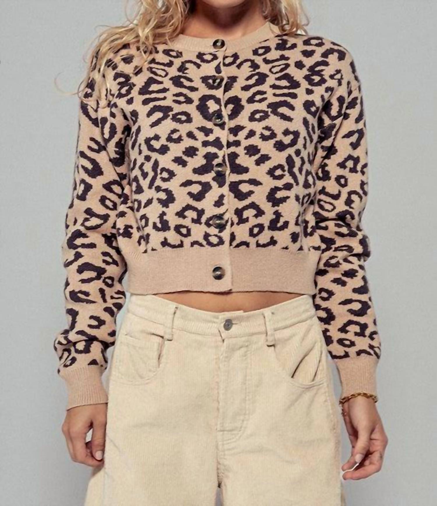 Urban Daizy Crewneck Cropped Cardigan in leopard - women's cardigan