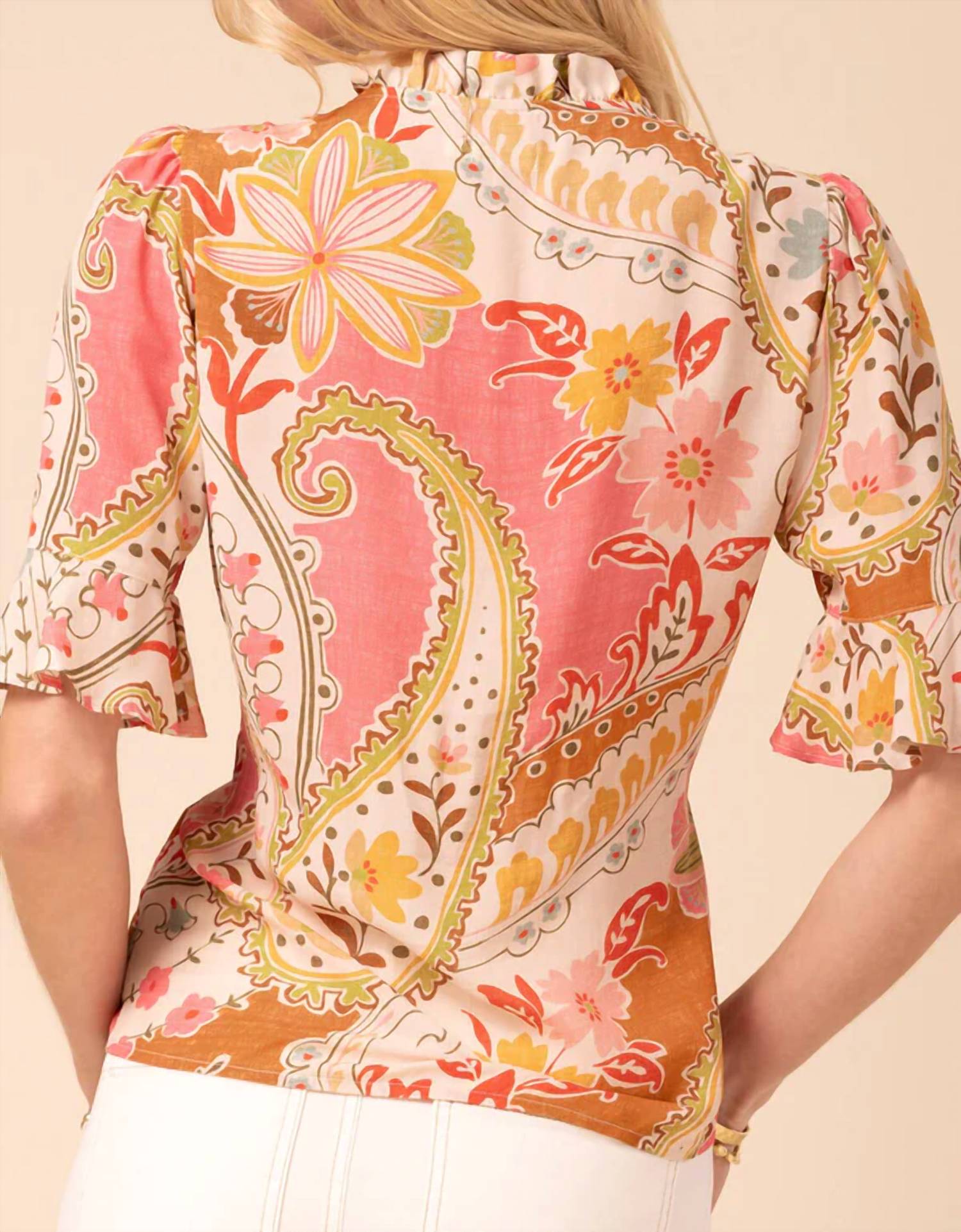 spartina 449 Elsie Mercer House Paisley Blouse Top in pink - women's blouse - detail view