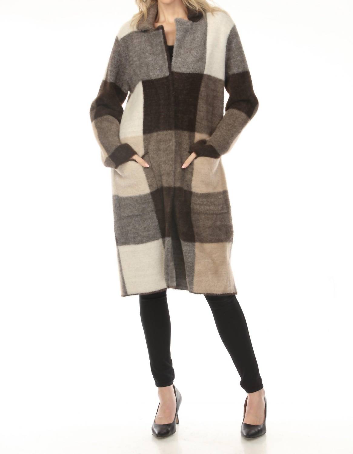 Joseph Ribkoff Checkered Feather Yarn Coat in mocha multi 1 - women's jacket