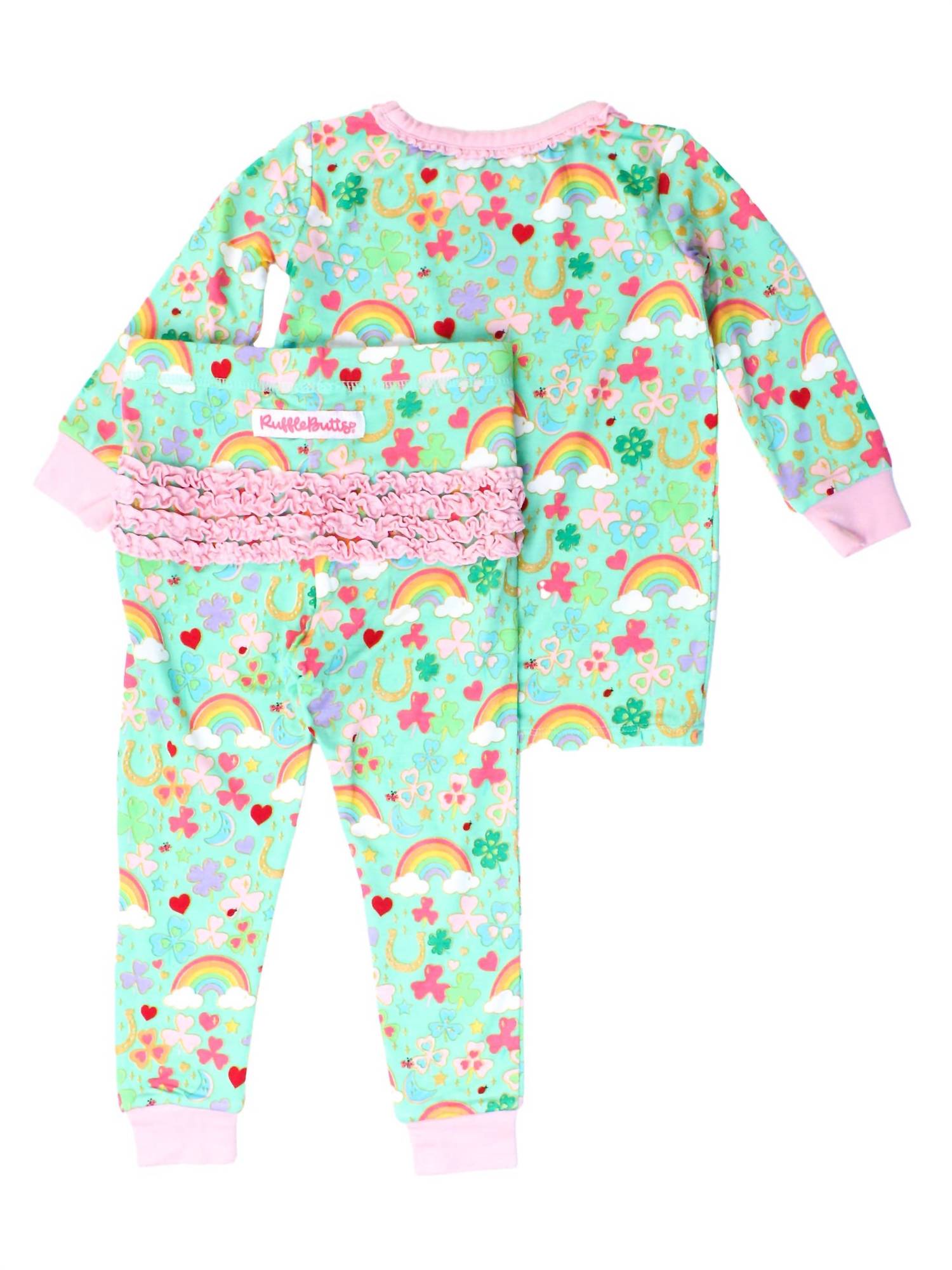RuffleButts Toddler Lucky Day Ruffle Long Sleeve Pajama Set in green - kids' sleepwear - view 5