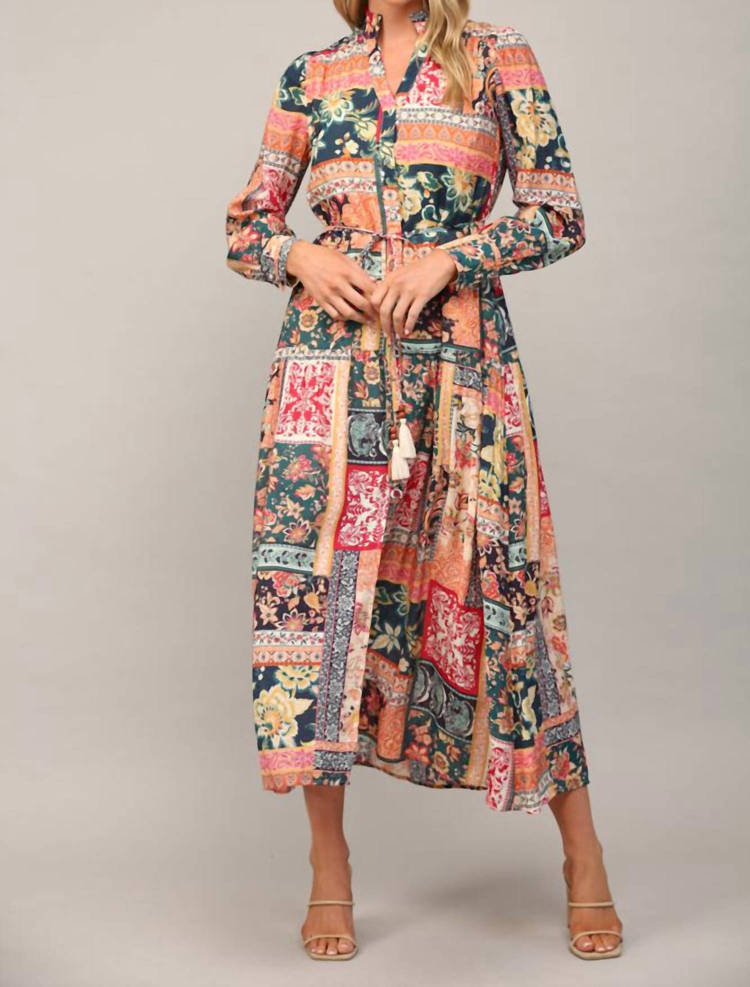 Fate - Bohemian Patchwork Print Button Front Maxi Dress