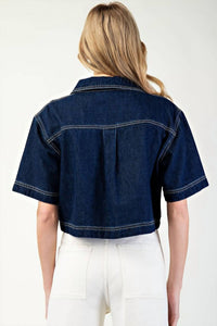 ee:some Stylish Intentions V Neck Cropped Short Sleeve Top in denim - women's shirt - alternate view
