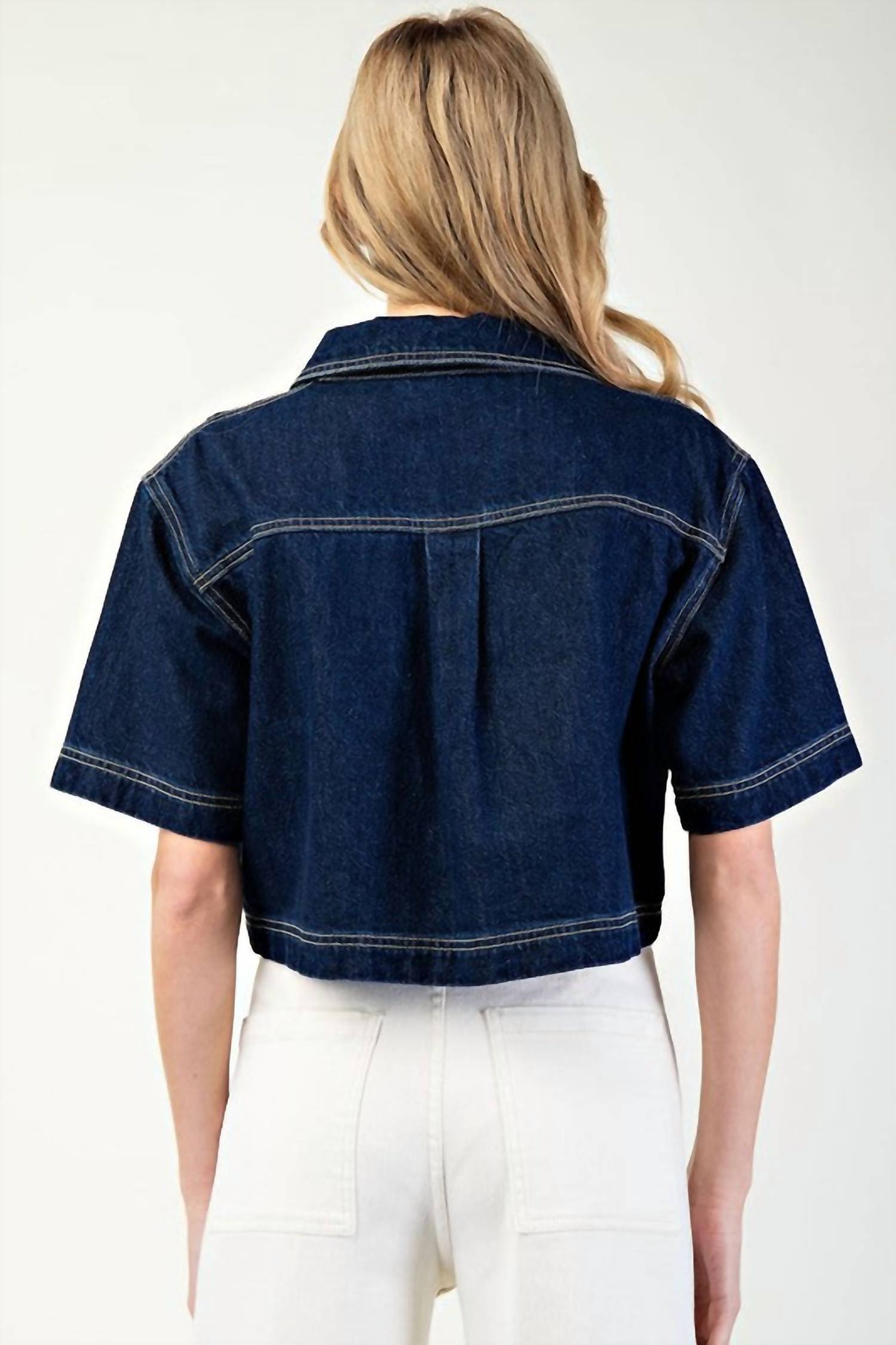 ee:some Stylish Intentions V Neck Cropped Short Sleeve Top in denim - women's shirt - alternate view