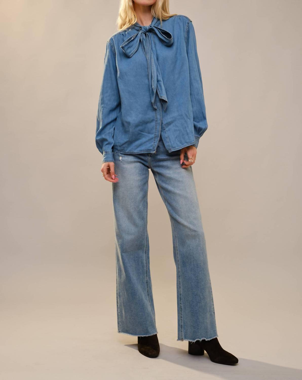 Blue B Tie Neck Hidden Button Chambray Blouse in blue - women's blouse - view 6