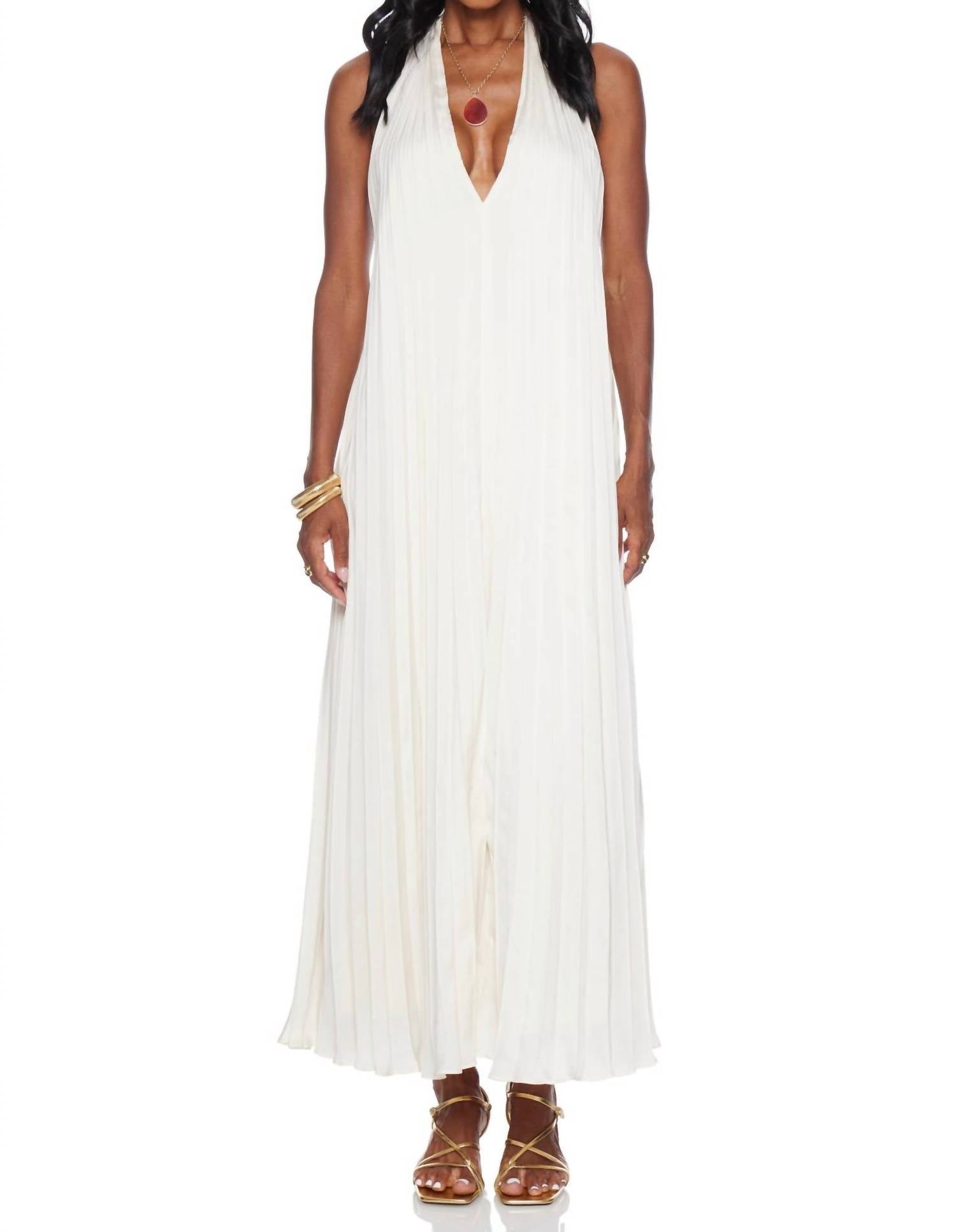 LUCY PARIS Blyth Pleated Dress in ivory - women's dress - detail view