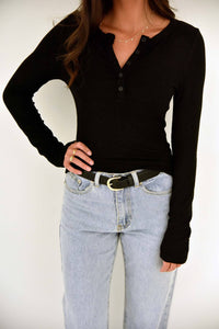 Beige Botany - Ribbed Henley Basic Top