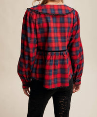 Listicle - Plaid Velvet Trim Holiday Blouse