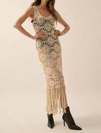 Promesa - Crochet Knit Fringe Hem Midi Tank Dress
