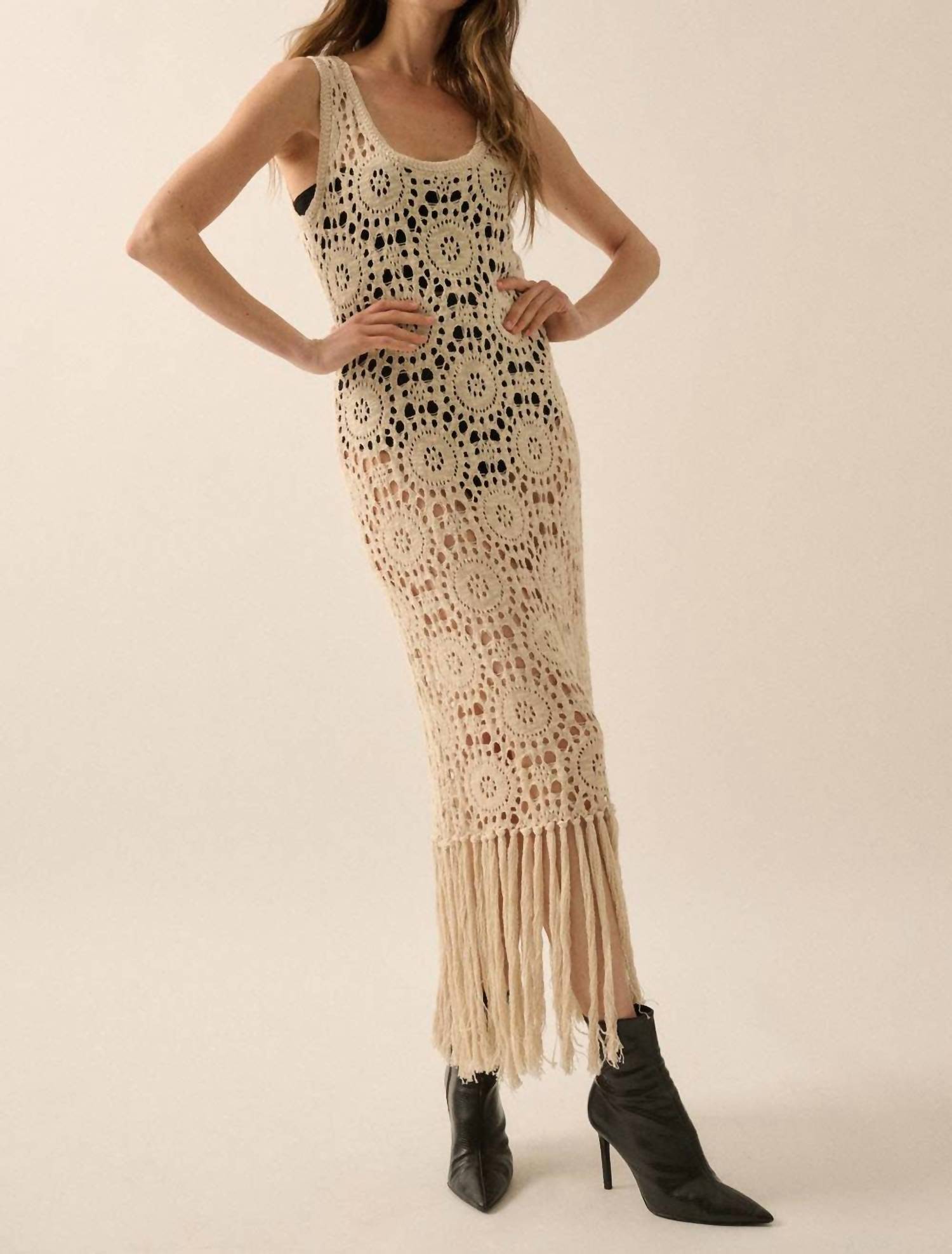 Promesa - Crochet Knit Fringe Hem Midi Tank Dress