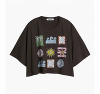 Daydreamer - Seaside Doodle Grid Cropped Oversized Tee