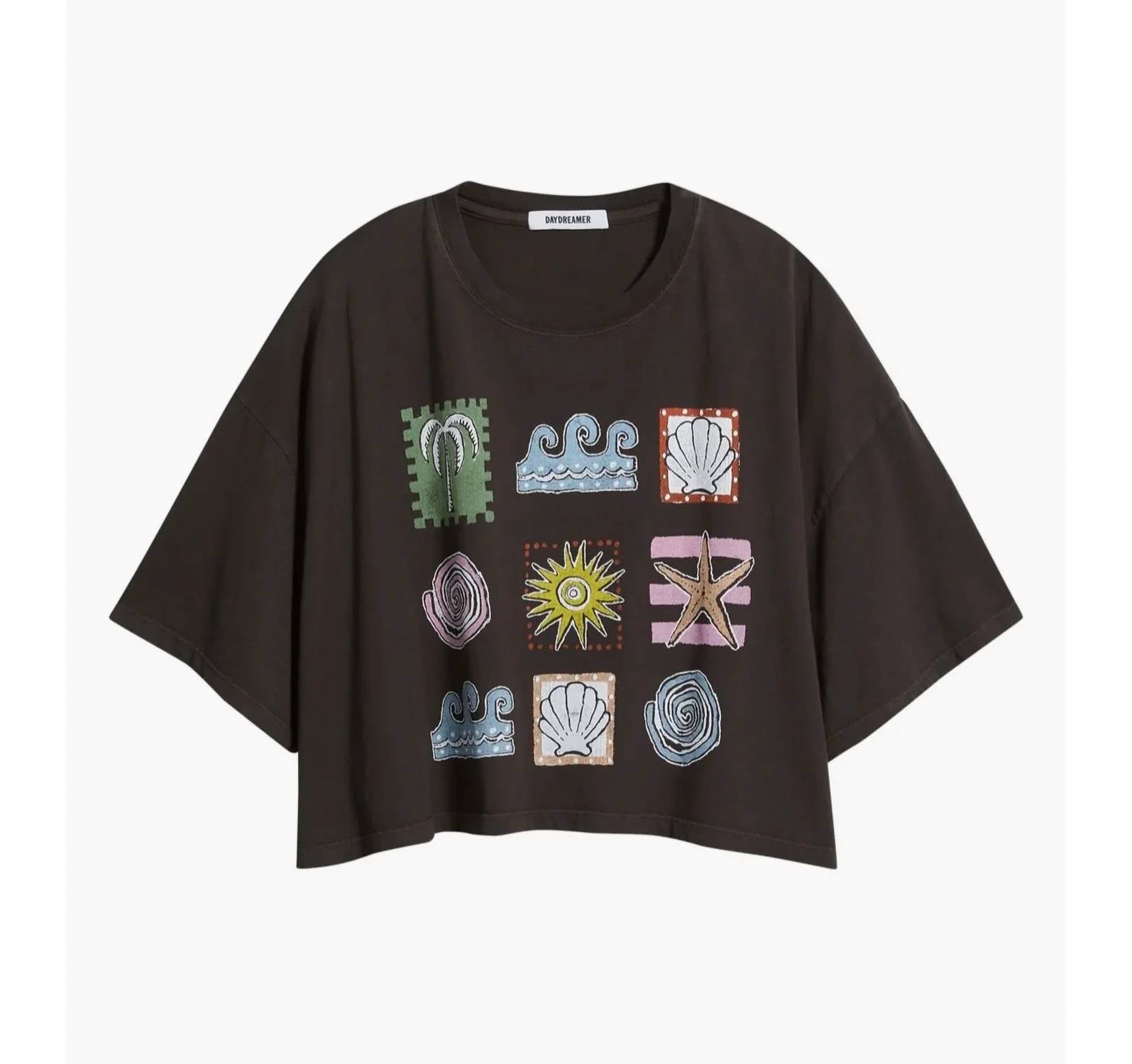 Daydreamer - Seaside Doodle Grid Cropped Oversized Tee
