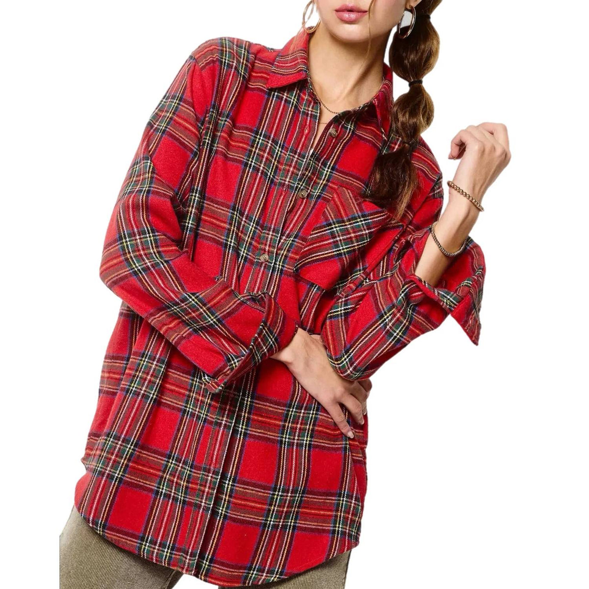 La Miel - Plaid Oversized Button Front Shirt