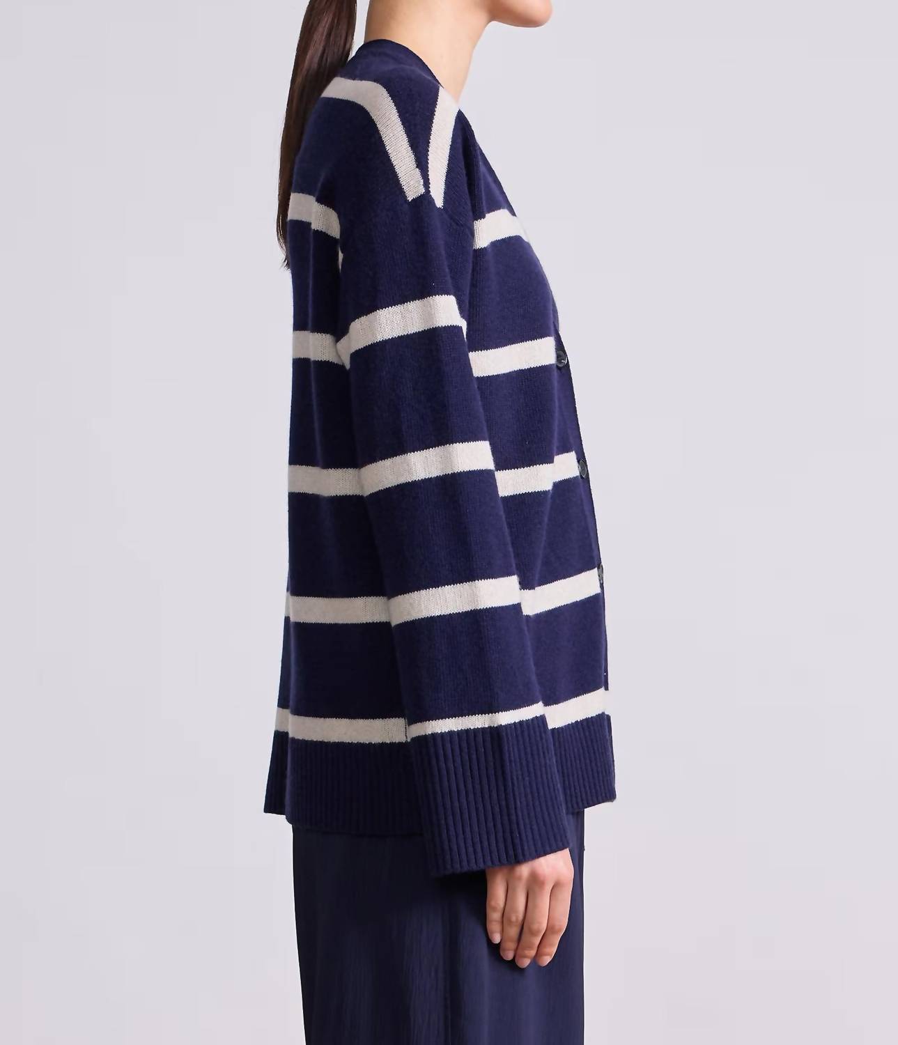 APIECE APART Ana Wrap Cardigan in navy cream stripe 1 - women's cardigan - detail view