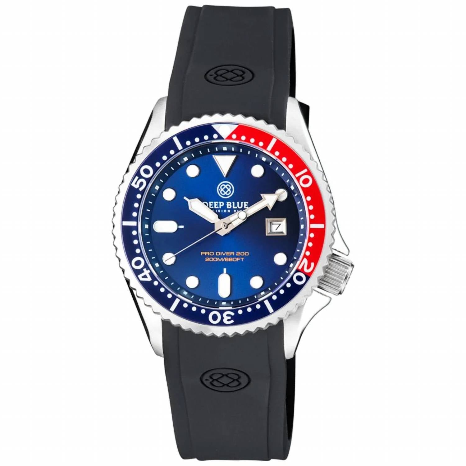 Deep Blue Dive Watches - Men's 41mm Pro Sea Diver 200 Quartz Silicone Strap Watch