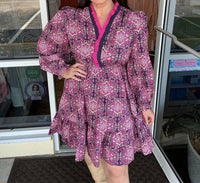 Umgee - Ruffled Neck Boho Print Mini Dress