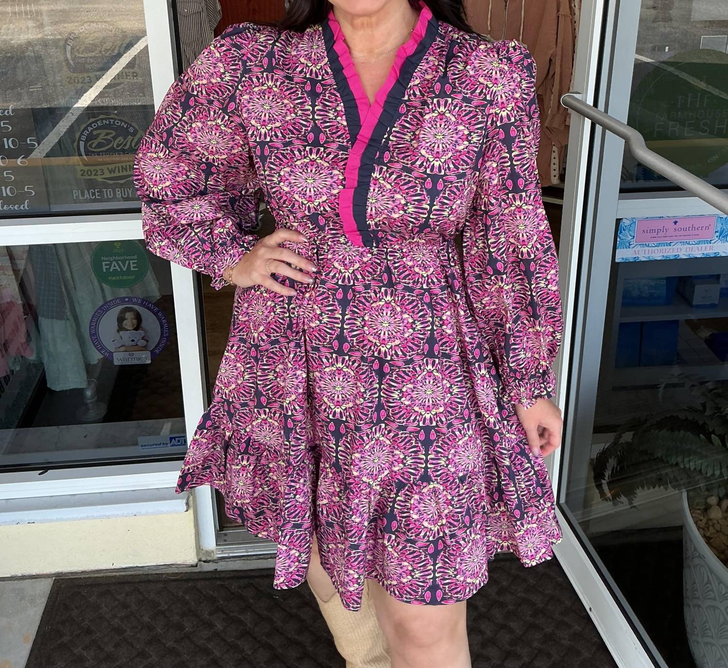 Umgee - Ruffled Neck Boho Print Mini Dress