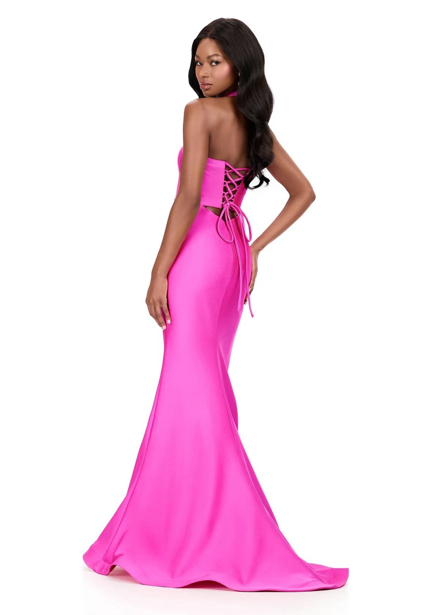 ASHLEYlauren Fitted Halter Prom Dress in fuchsia - women's dress - alternate view